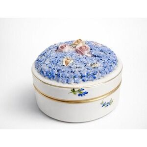 Vintage German Elfinware Porcelain Trinket Dish Applied Forget Me Nots Pink Rose